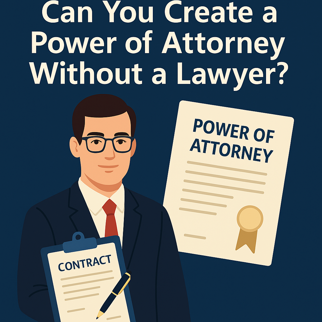 Power of Attorney lawyer illustration with legal documents and character